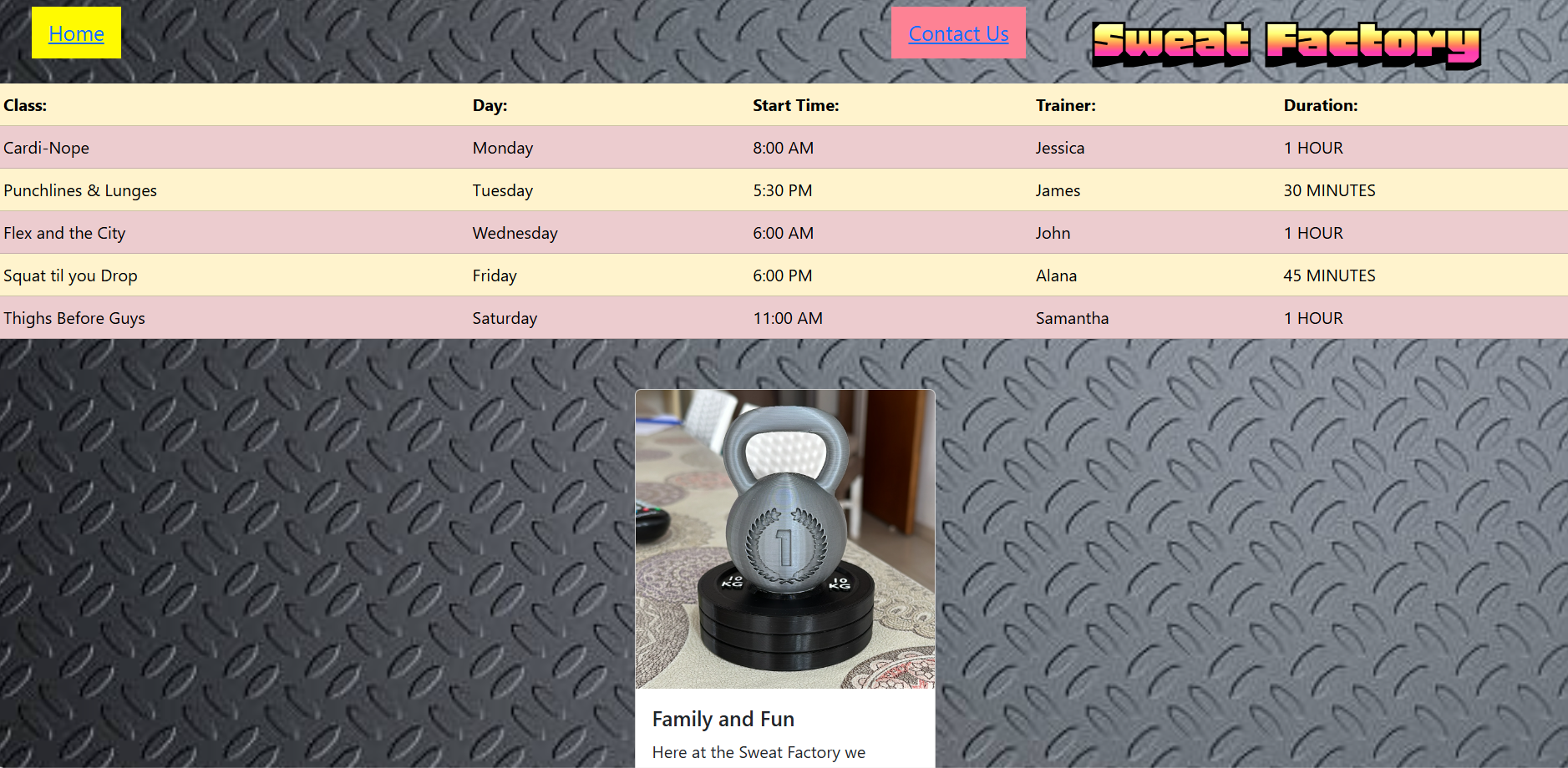 screenshot of home page for a gym