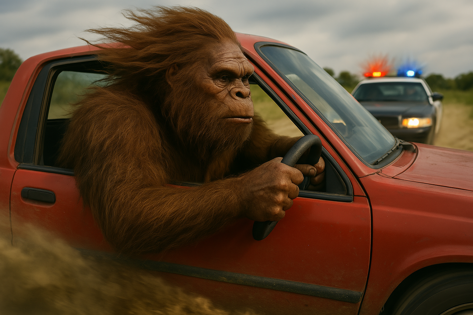 Bigfoot driving car running from cops